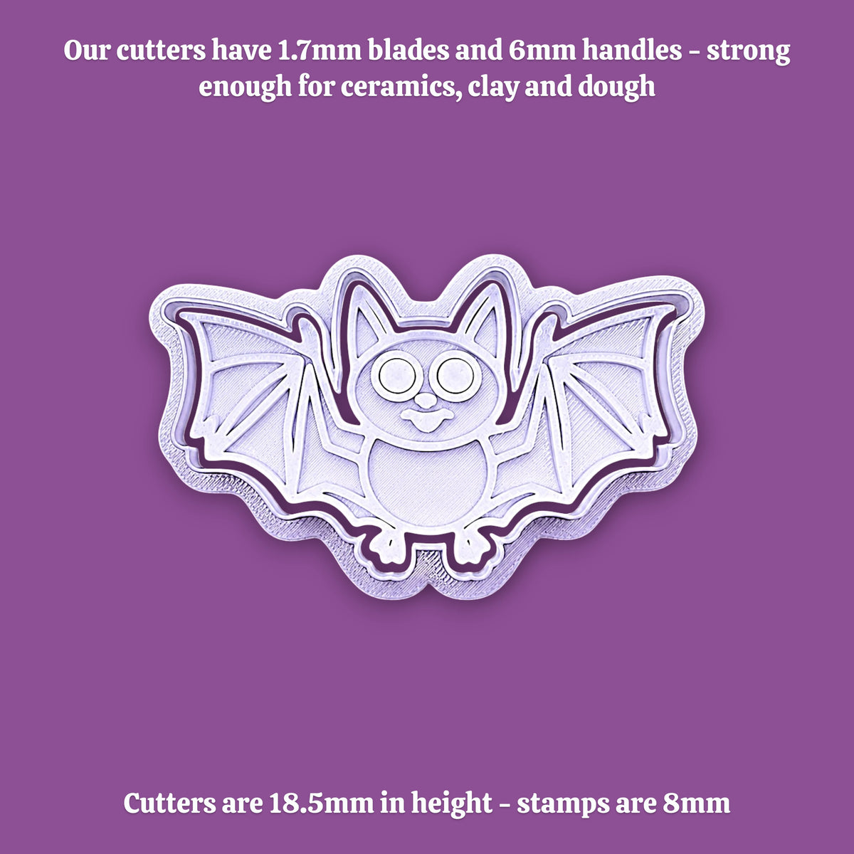 A bat-shaped cookie cutter shown on a solid purple background, with white text above and below describing cutter sizes and suitability for ceramics, clay, and dough.