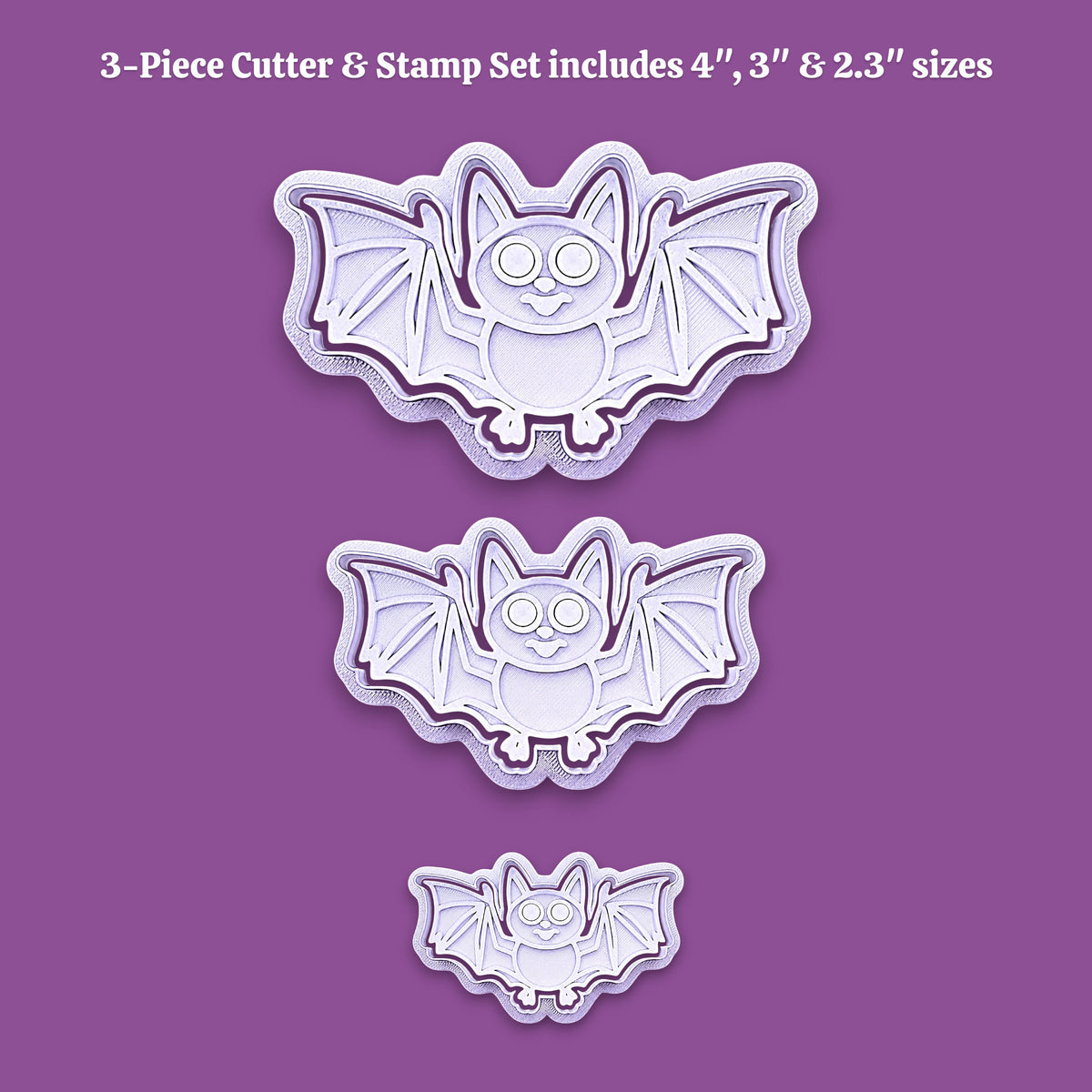 Three bat-shaped cookie cutters in different sizes displayed vertically on a solid purple background, with white text at the top stating 'Our 3 cutter stamp set includes 4", 3", and 2.3" cutters and stamps'.