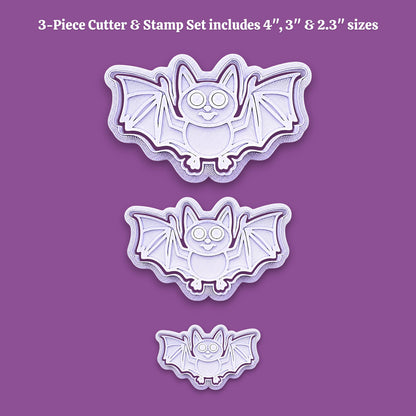 Three bat-shaped cookie cutters in different sizes displayed vertically on a solid purple background, with white text at the top stating 'Our 3 cutter stamp set includes 4", 3", and 2.3" cutters and stamps'.