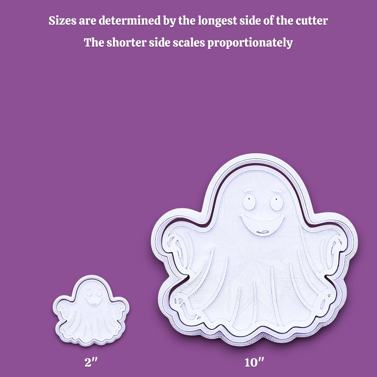 White ghost-shaped cookie cutter shown in two sizes on a purple background, with text explaining that sizes are determined by the longest side of the cutter and that the shorter side scales proportionately. Small size label reads 2" and the larger size label reads 10".