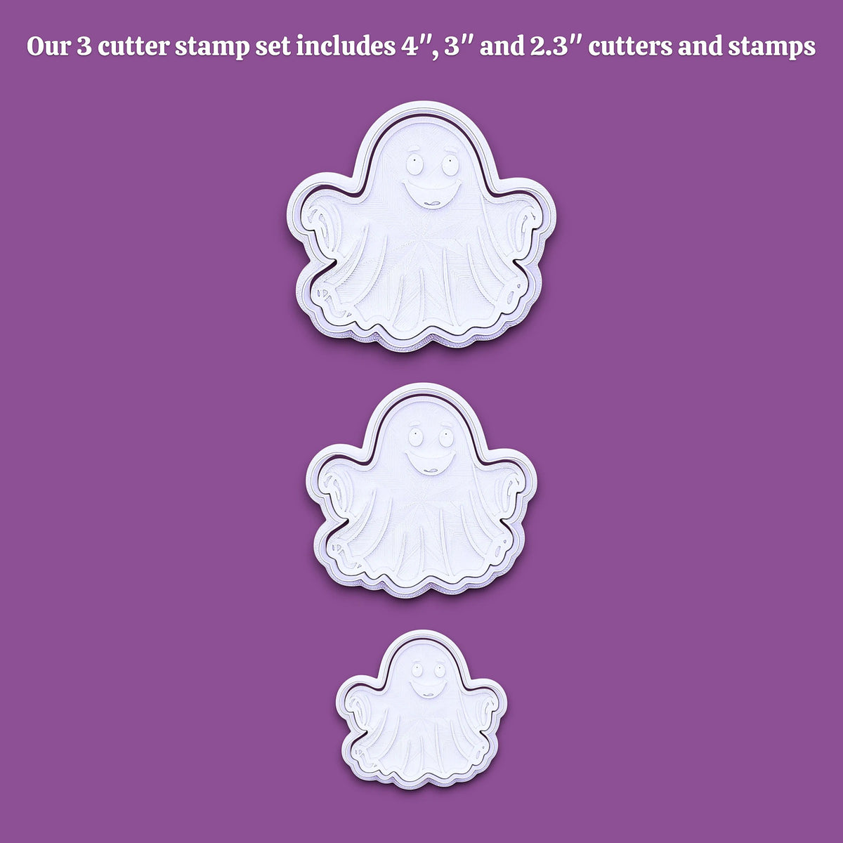 Three white ghost-shaped cutter stamps in different sizes arranged vertically on a solid purple background, with white text at the top stating 'Our 3 cutter stamp set includes 4", 3", and 2.3" cutters and stamps'.