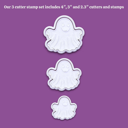 Three white ghost-shaped cutter stamps in different sizes arranged vertically on a solid purple background, with white text at the top stating 'Our 3 cutter stamp set includes 4", 3", and 2.3" cutters and stamps'.