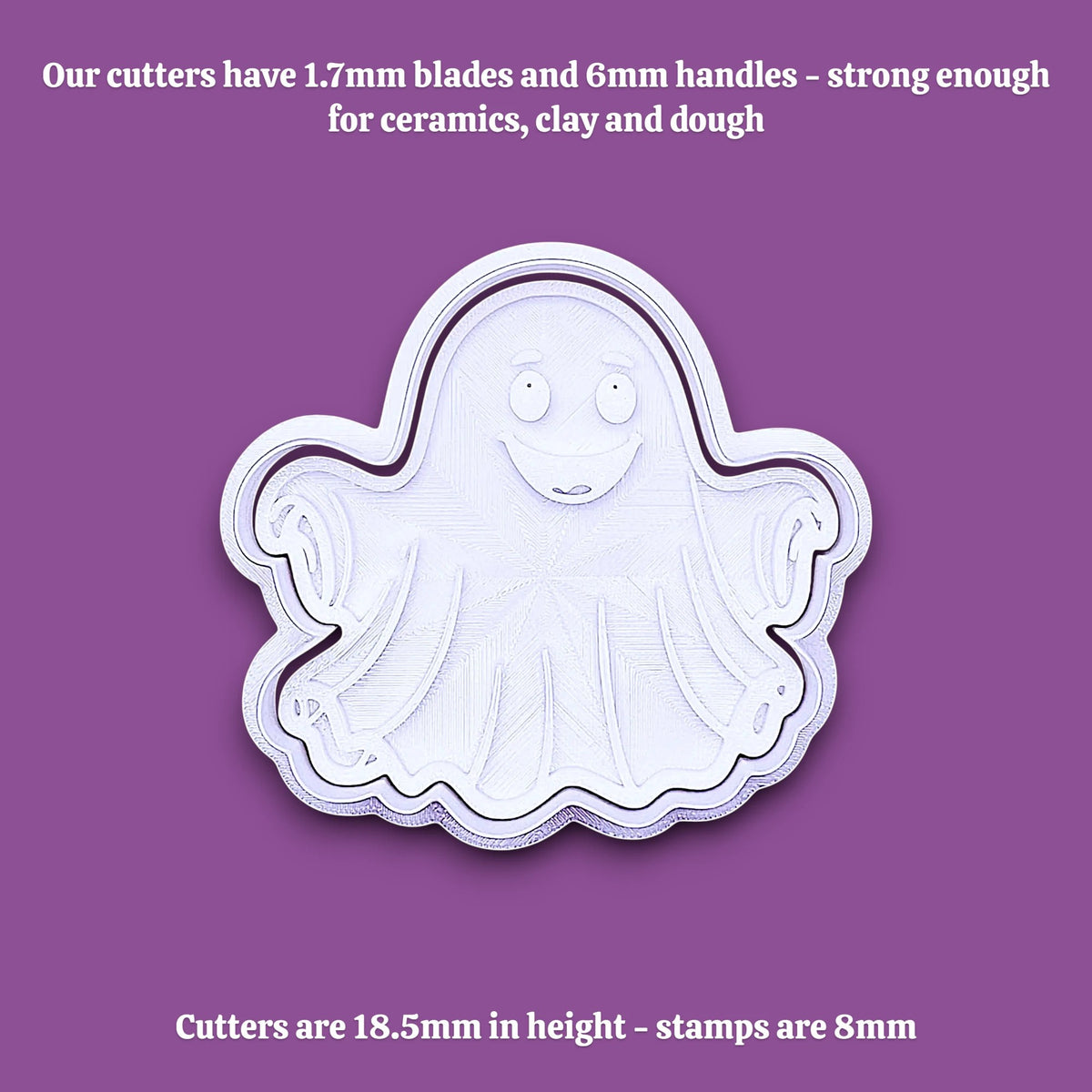 A white ghost-shaped cookie cutter or stamp shown on a solid purple background, with text above and below describing cutter and stamp sizes and strength.