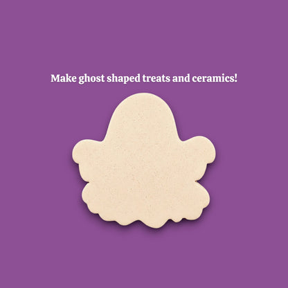 Handmade and customizable Halloween ghost cookie cutter dough cutout, great for easy fall cookie decorating and fun baking for school or family celebrations and trick or treats.
