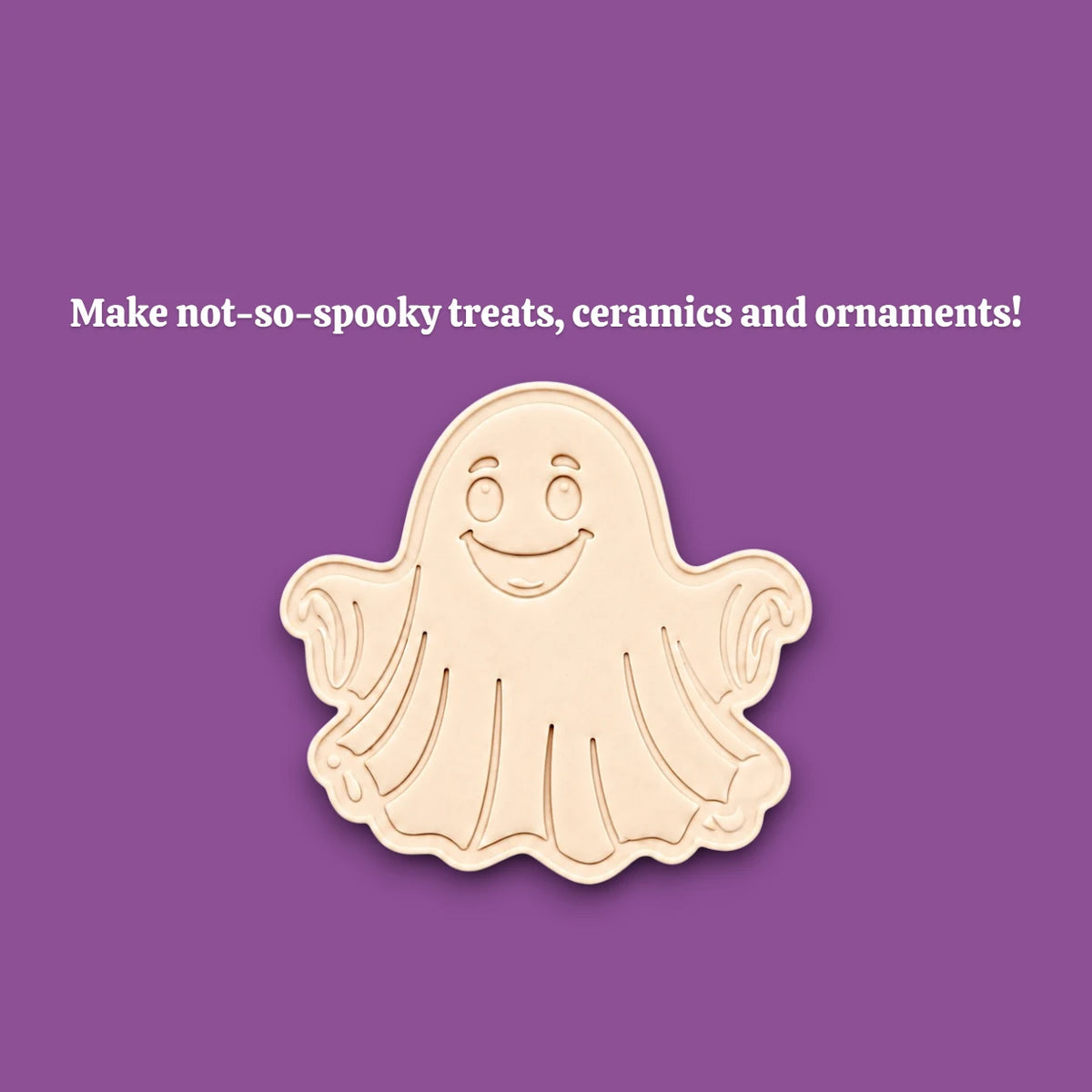 Handmade and customizable Halloween ghost cookie cutter dough cutout and imprint, great for easy fall cookie decorating and fun baking for school or family celebrations and trick or treats.
