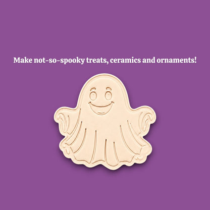 Handmade and customizable Halloween ghost cookie cutter dough cutout and imprint, great for easy fall cookie decorating and fun baking for school or family celebrations and trick or treats.