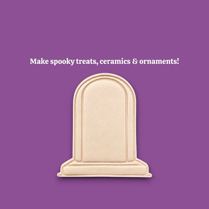 Gravestone cookie dough cutout and imprint, great for spooky Halloween treats and graveyard-themed desserts.