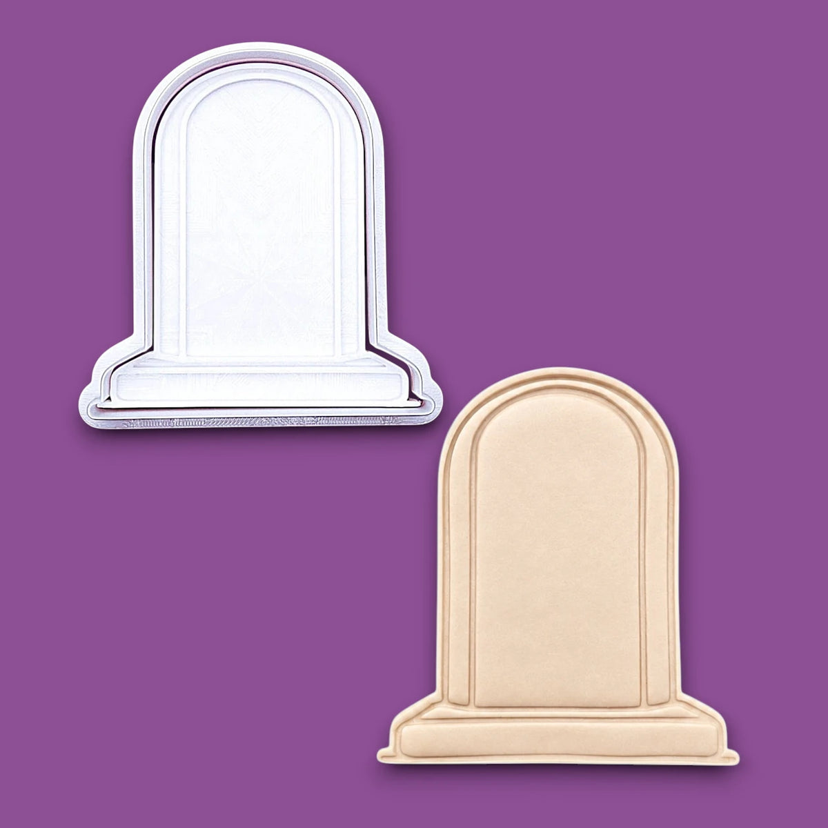 Gravestone cookie cutter and stamp alongside a dough cutout and imprint. Perfect for Halloween baking, haunted house parties, or spooky fondant toppers.