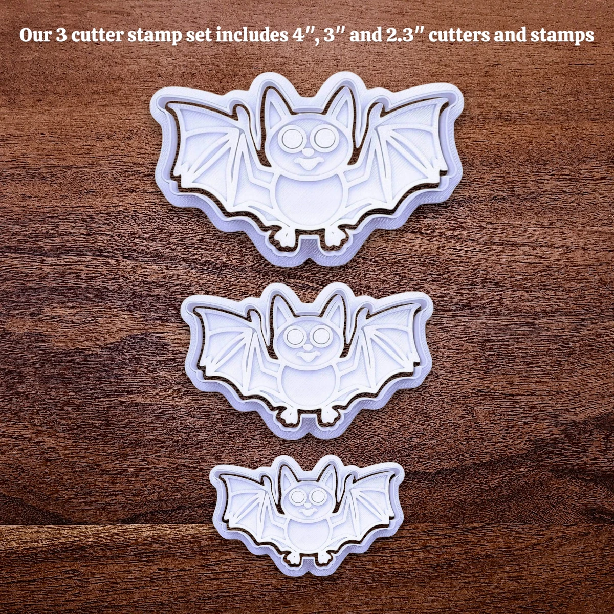 Set of three bat cookie cutters and stamps in small, medium, and large sizes for versatile Halloween and spooky cookie baking.
