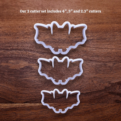 Set of three bat cookie cutters in small, medium, and large sizes for versatile Halloween and spooky cookie baking.