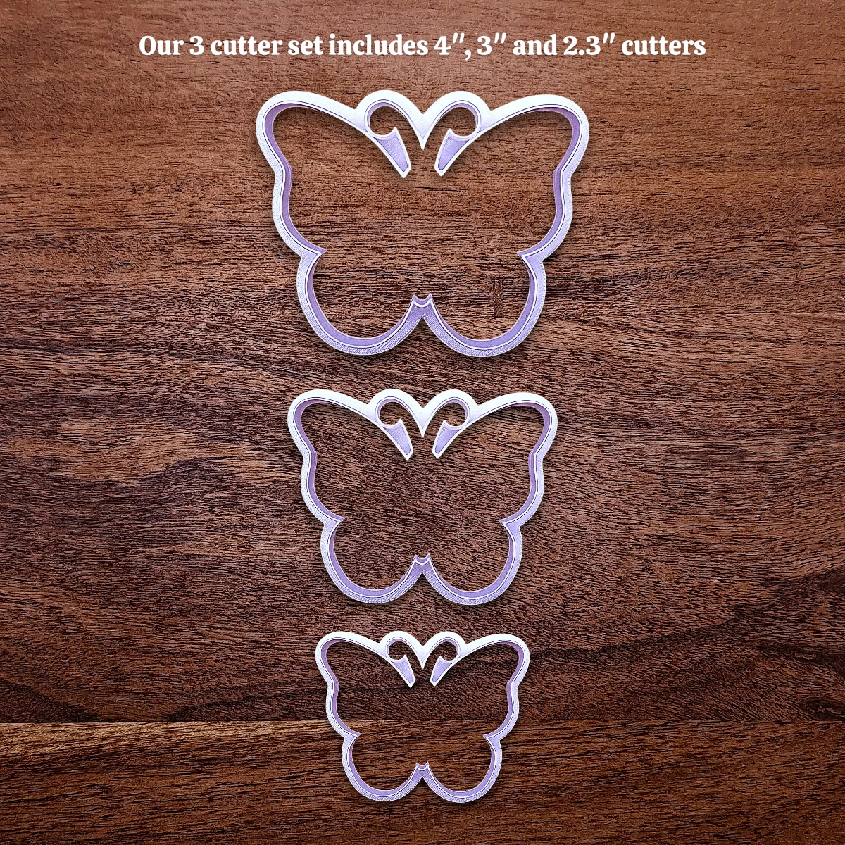 Handmade and customizable butterfly cookie cutters in three sizes, perfect for spring baking, garden party treats, birthdays, events, weddings, fondant decorations, and whimsical cookie designs.