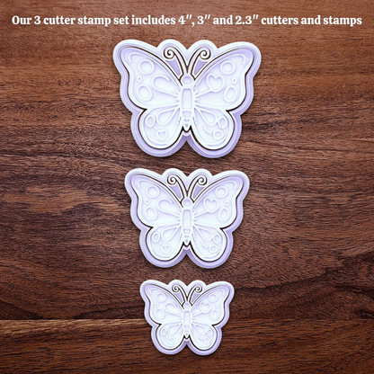 Handmade and customizable butterfly cookie cutters and stamps in three sizes, perfect for spring baking, garden party treats, birthdays, events, weddings, fondant decorations, and whimsical cookie designs.