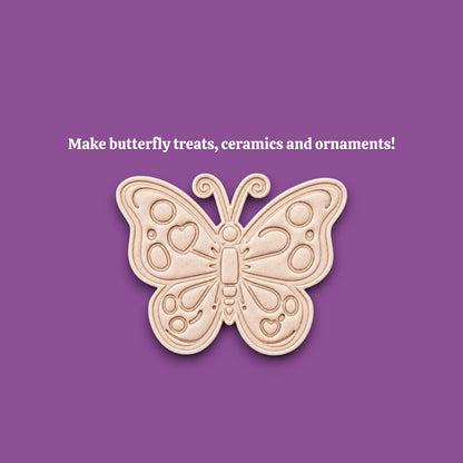 Handmade and customizable butterfly cookie cutter stamp dough cutout and imprint, perfect for spring baking, garden party treats, birthdays, events, weddings, fondant decorations, and whimsical cookie designs.