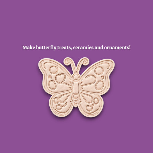 Handmade and customizable butterfly cookie cutter stamp dough cutout and imprint, perfect for spring baking, garden party treats, birthdays, events, weddings, fondant decorations, and whimsical cookie designs.