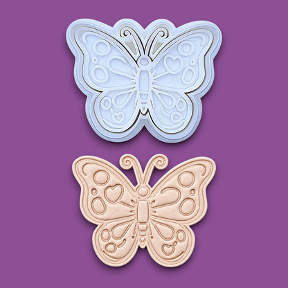 Handmade and customizable butterfly cookie cutter stamp and dough cutout and imprint, perfect for spring baking, garden party treats, birthdays, events, weddings, fondant decorations, and whimsical cookie designs.