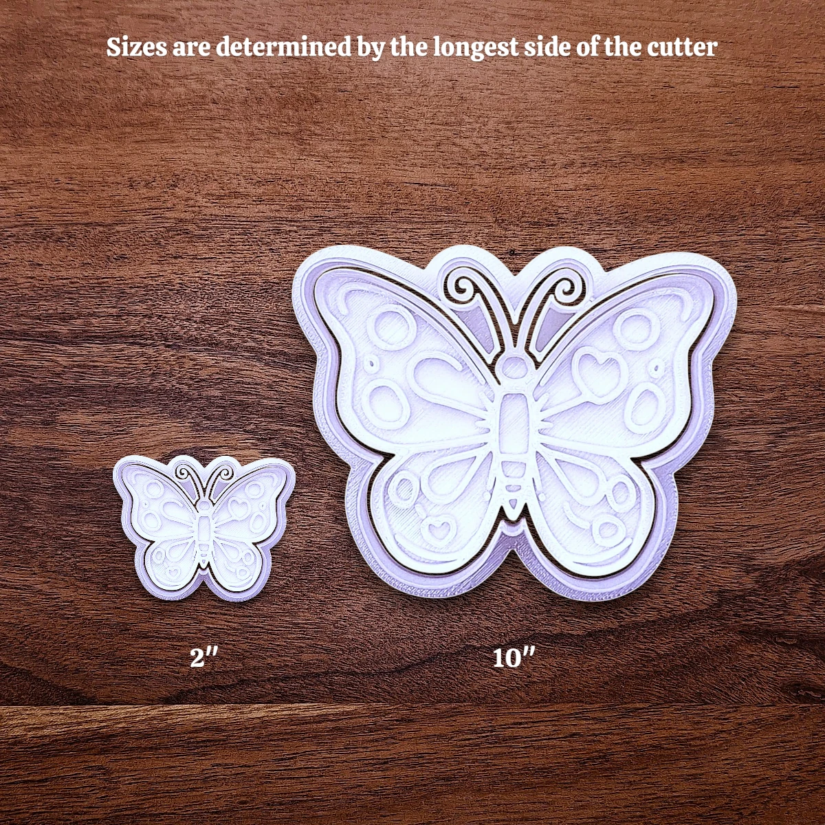 Butterfly cookie cutters and stamps side by side showing how the sizing increases work.