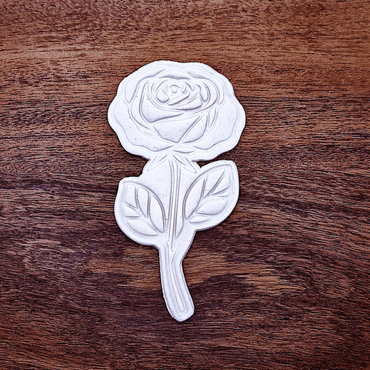 Detailed rose cookie with stamp imprint pressed into dough—ideal for floral cookie trays, bridal showers, and no-icing cookie decorating.