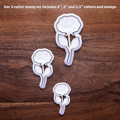 Handmade and customizable Rose Cookie Cutter and Stamp Set, perfect for spring events, romantic weddings, or special occasions.