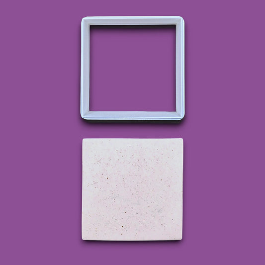 Square cookie cutter alongside a dough cutout, perfect for fondant, dough, clay, ceramics and fondant.