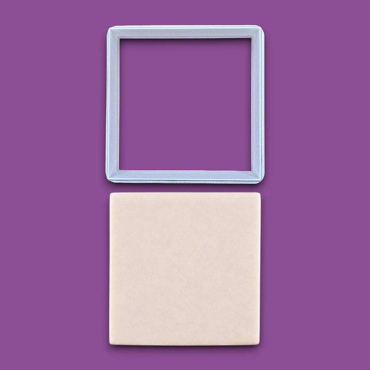 Square cookie cutter alongside a dough cutout, perfect for fondant, dough, clay, ceramics and fondant.