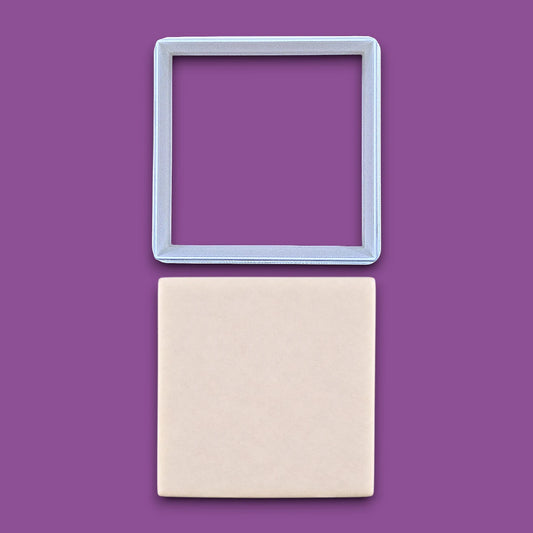 Square cookie cutter alongside a dough cutout, perfect for fondant, dough, clay, ceramics and fondant.