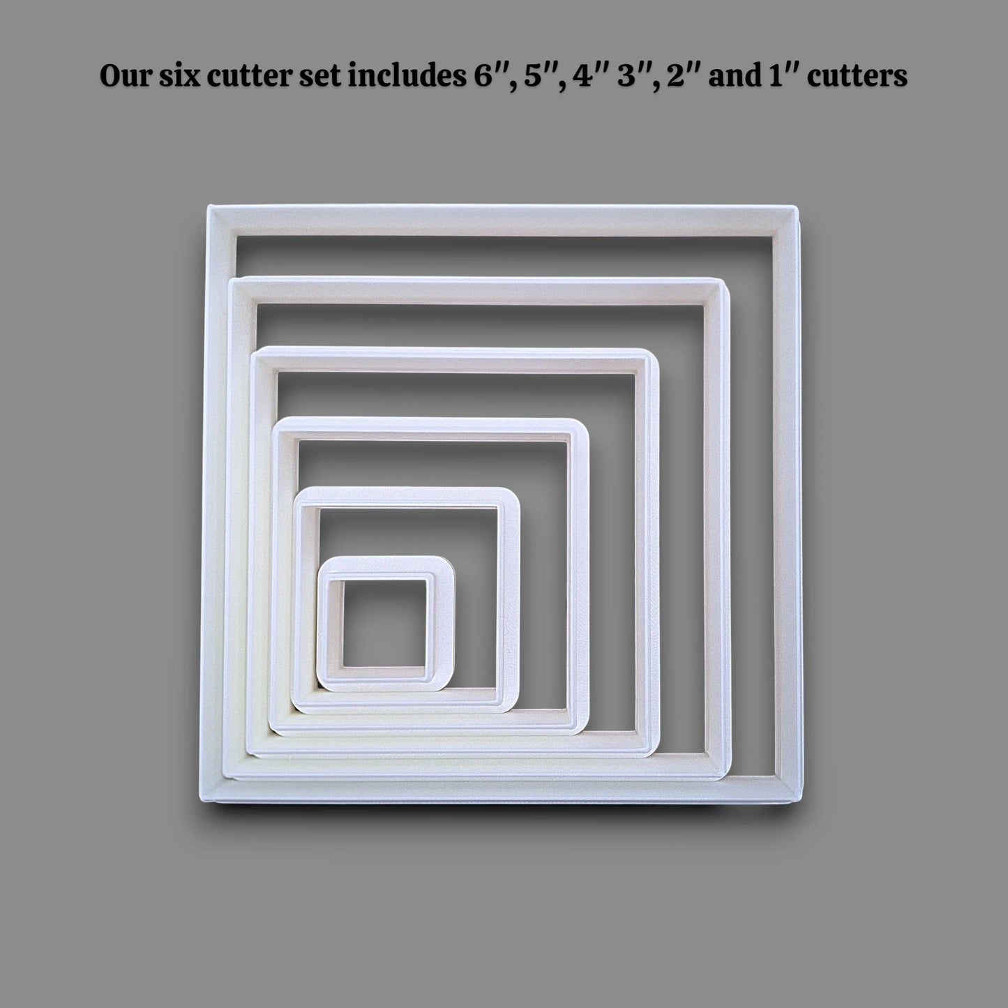 Square cookie cutter set alongside dimensions, perfect for fondant, dough, clay, ceramics and fondant.