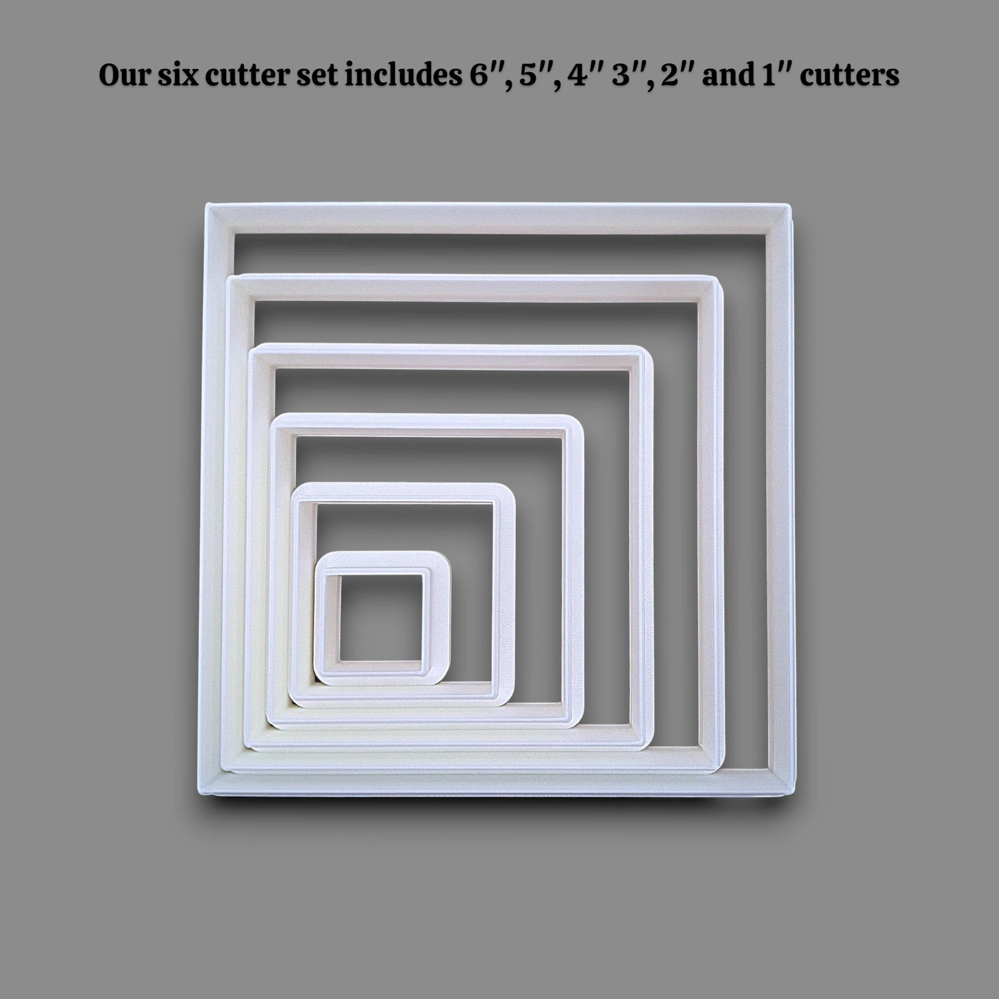 Square cookie cutter set alongside dimensions, perfect for fondant, dough, clay, ceramics and fondant.