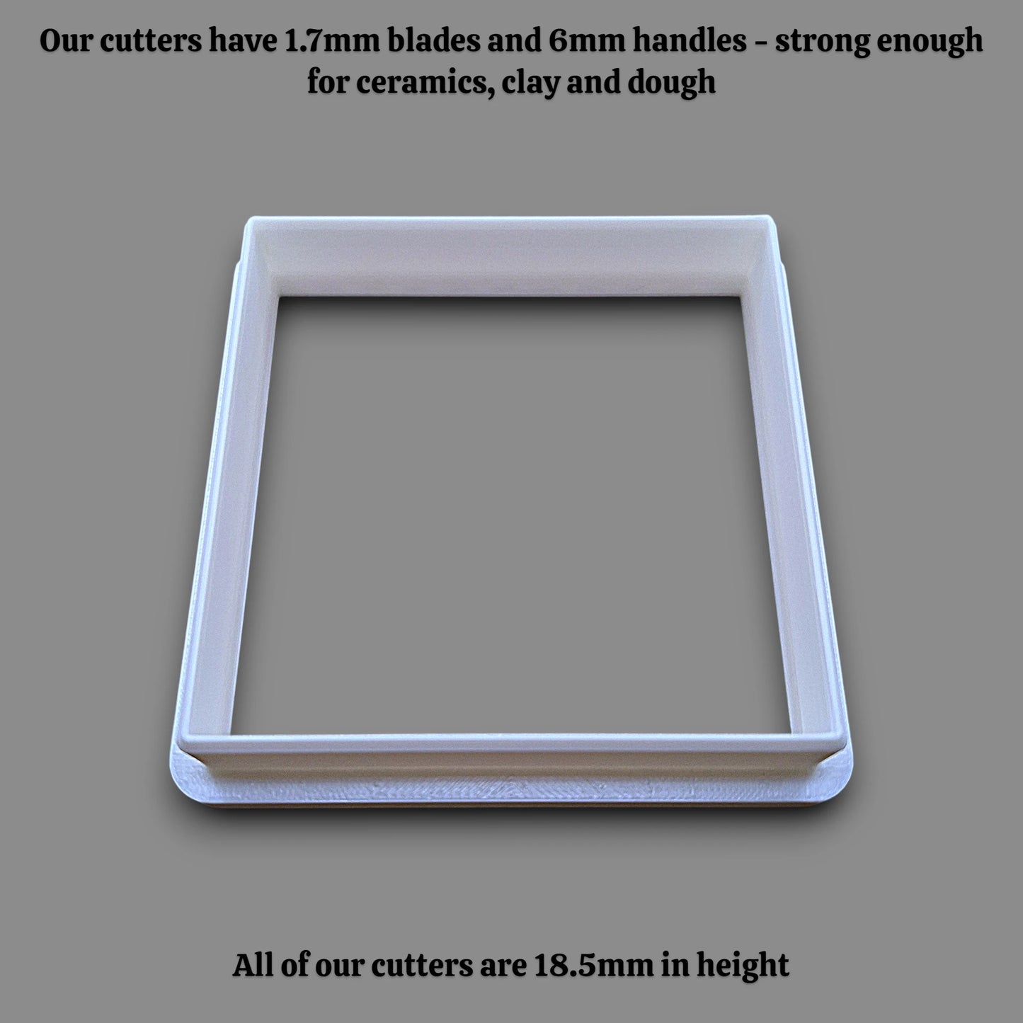 Square cookie cutter alongside dimensions, perfect for fondant, dough, clay, ceramics and fondant.