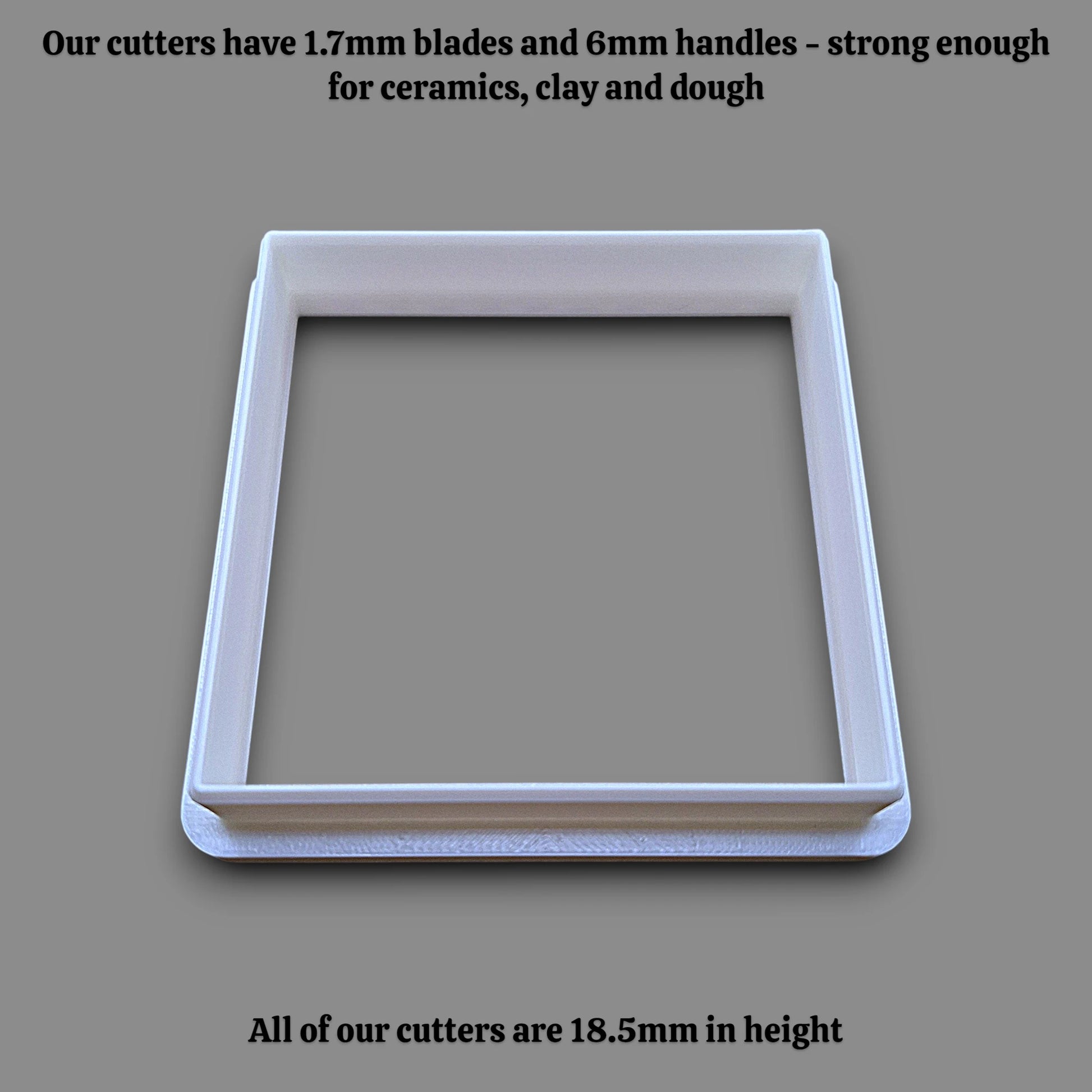 Square cookie cutter alongside dimensions, perfect for fondant, dough, clay, ceramics and fondant.