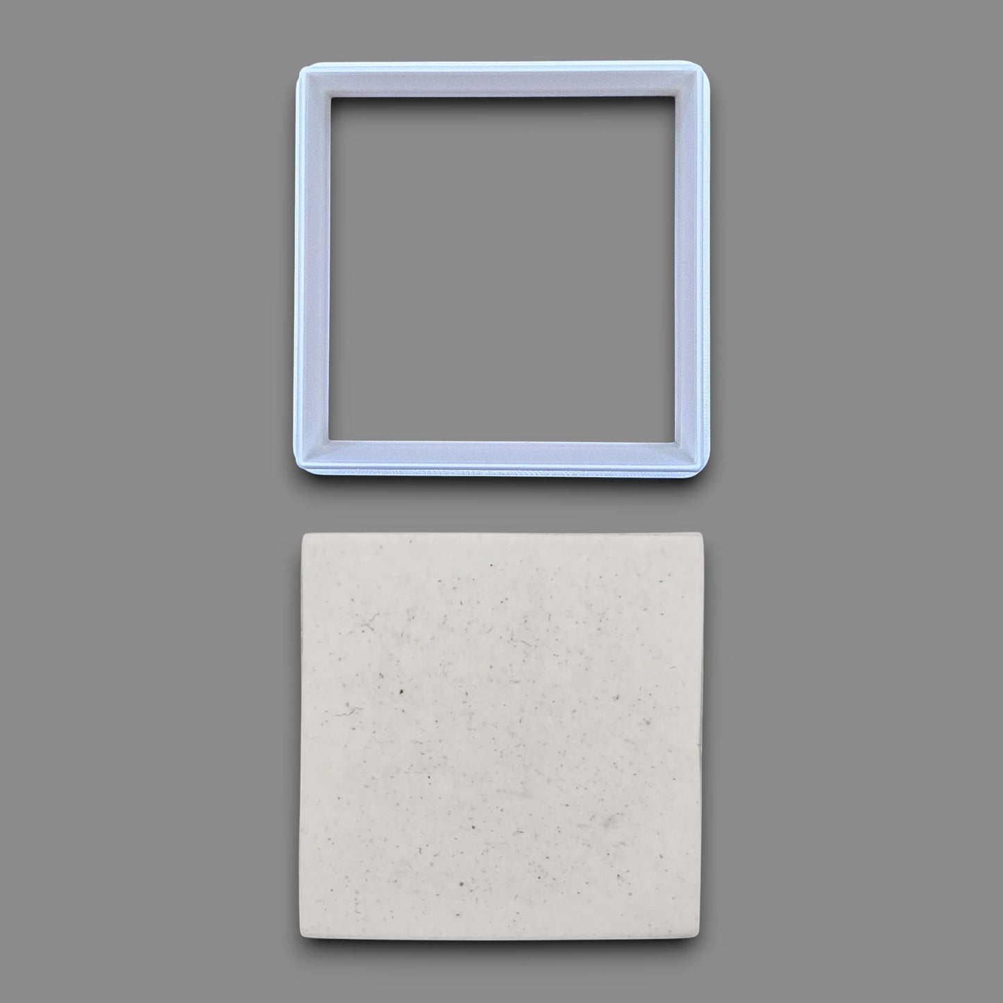 Square cookie cutter alongside a dough cutout, perfect for fondant, dough, clay, ceramics and fondant.