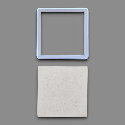 Square cookie cutter alongside a dough cutout, perfect for fondant, dough, clay, ceramics and fondant.