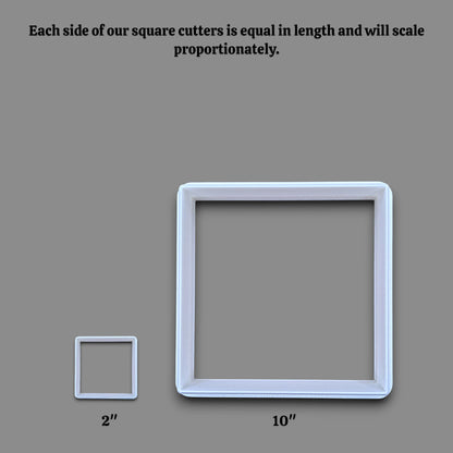 Square cookie cutter alongside a sizing guide, perfect for fondant, dough, clay, ceramics and fondant.