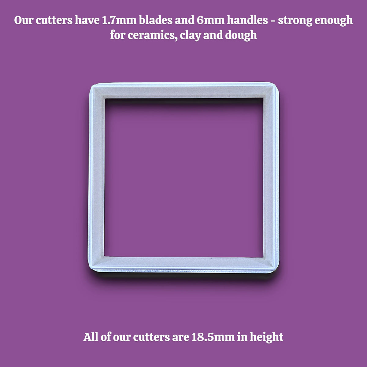 Square cookie cutter alongside dimensions, perfect for fondant, dough, clay, ceramics and fondant.