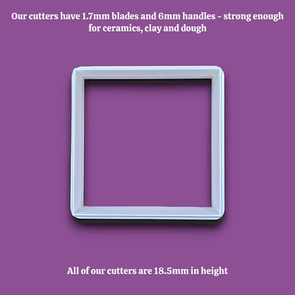 Square cookie cutter alongside dimensions, perfect for fondant, dough, clay, ceramics and fondant.