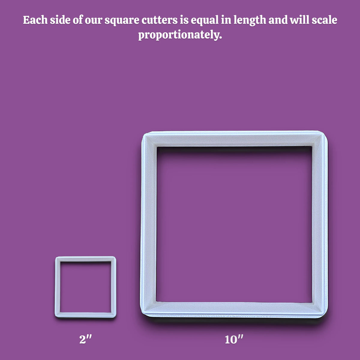 Square cookie cutter alongside a sizing guide, perfect for fondant, dough, clay, ceramics and fondant.