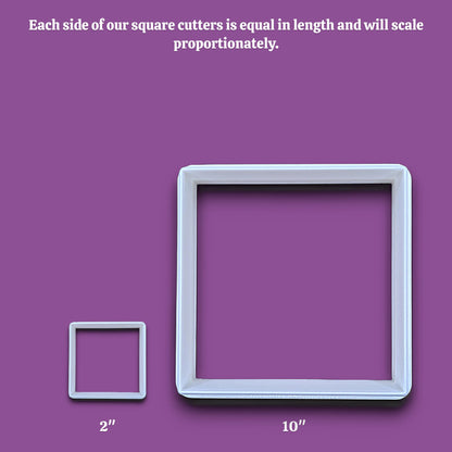 Square cookie cutter alongside a sizing guide, perfect for fondant, dough, clay, ceramics and fondant.