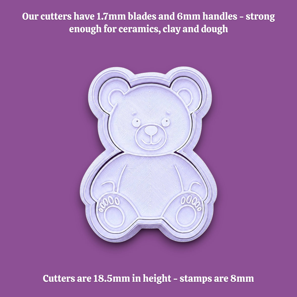 A white plastic teddy bear-shaped cookie cutter shown on a solid gray background, with black text at the top and bottom describing the cutter dimensions and suitability for baking ceramics, clay, and dough.
