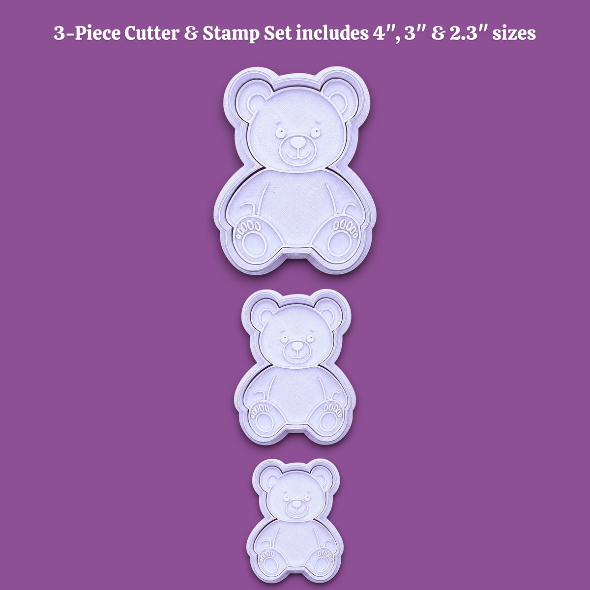 Handmade and customizable teddy bear cookie cutter set with stamps — perfect for standout cookies at Valentine's Day parties or gifting.