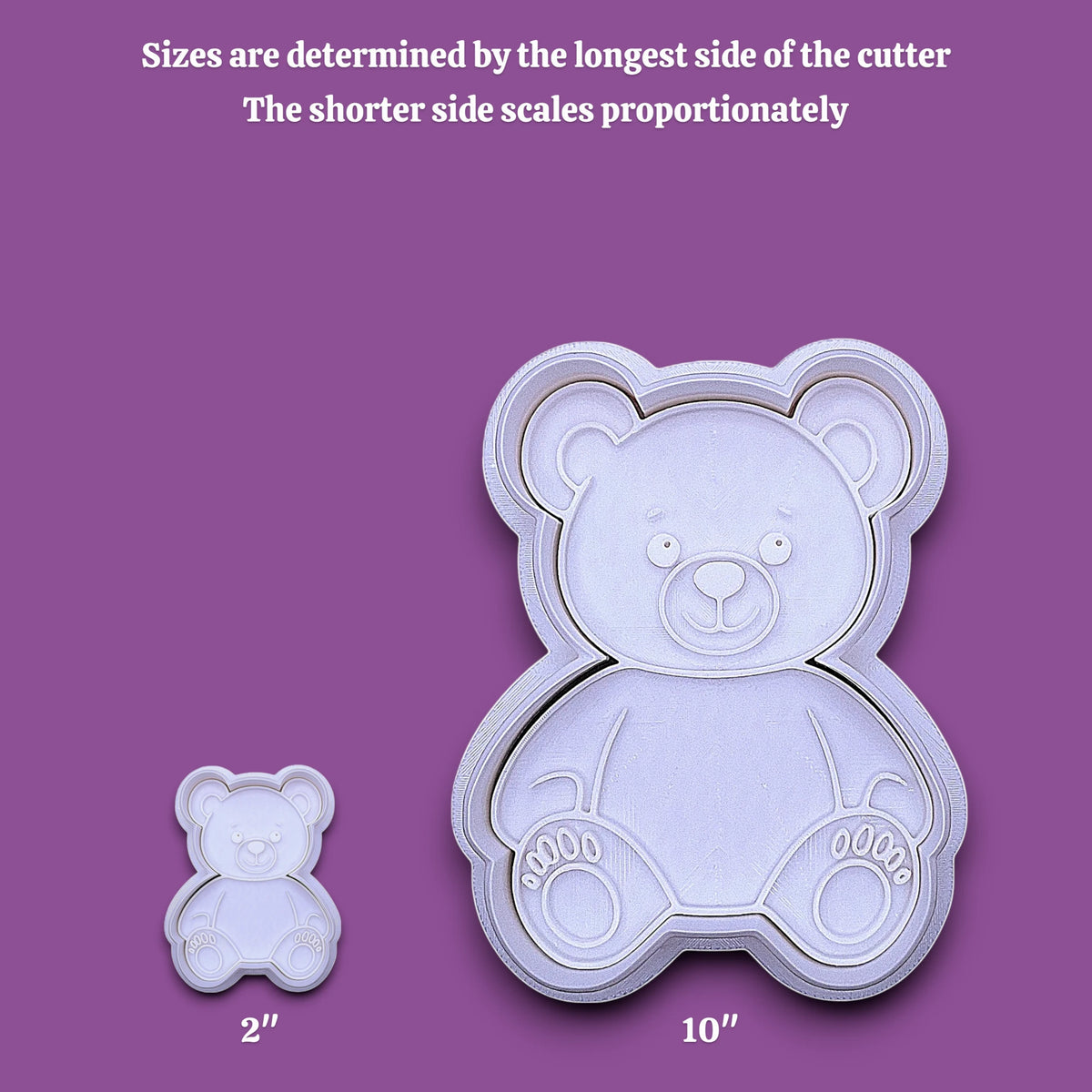 Two white teddy bear-shaped cookie cutters shown on a gray background, with text explaining size determination and labels indicating 2 inches and 10 inches.