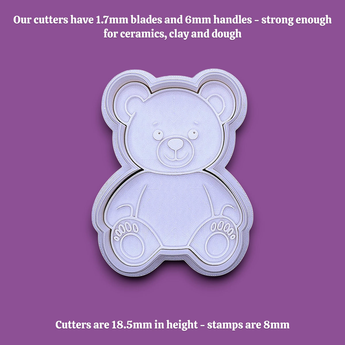 A white plastic teddy bear-shaped cookie cutter shown on a solid gray background, with black text at the top and bottom describing the cutter dimensions and suitability for baking ceramics, clay, and dough.