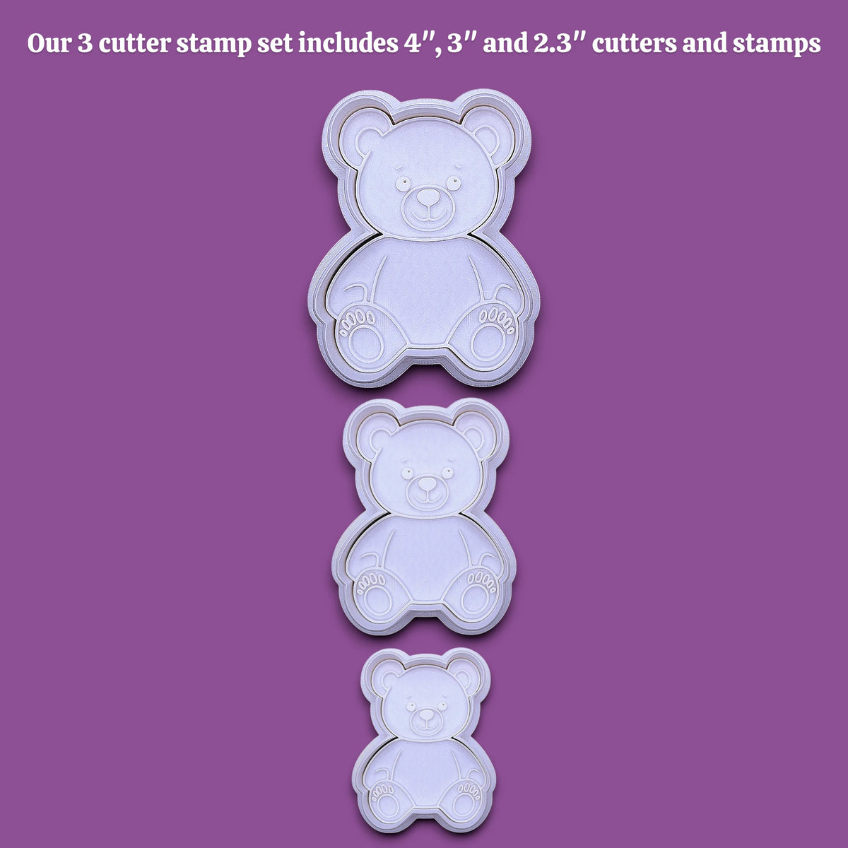 Handmade and customizable teddy bear cookie cutter set with stamps — perfect for standout cookies at Valentine's Day parties or gifting.