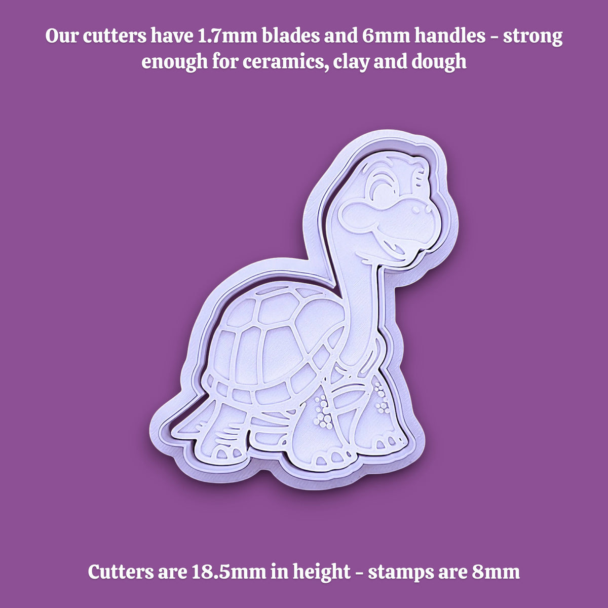 A turtle-shaped cookie cutter set shown on a purple background with white text describing the cutter dimensions and use for ceramics, clay, and dough.