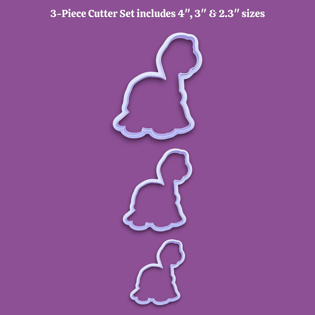 Three-piece cookie cutter set with turtle-shaped cutters in 4 inches, 3 inches, and 2.3 inches, shown on a solid purple background with text at the top.