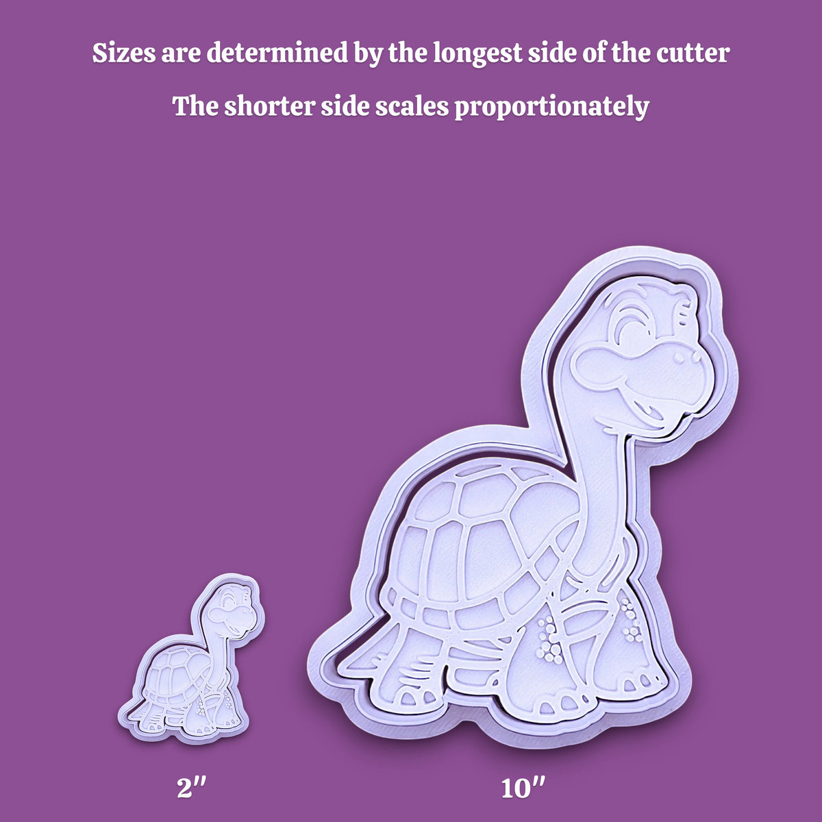 A turtle-shaped cookie cutter shown in two sizes on a purple background, with text explaining that sizes are determined by the longest side and that the shorter side scales proportionately. The larger cutter is labeled 10 inches and the smaller cutter 2 inches.