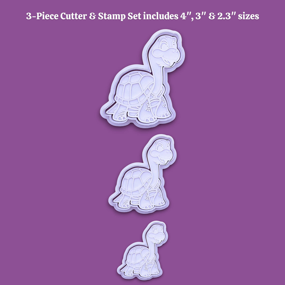 Three turtle-shaped cookie cutters in different sizes displayed vertically on a solid purple background, with white text at the top reading '3-Piece Cutter & Stamp Set includes 4", 3" & 2.3" sizes'.