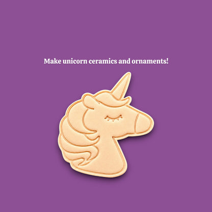 Unicorn cookie cutter dough cutout and imprint, perfect for fantasy themed bakes, ceramics and gifting.