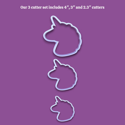 Three unicorn-shaped cookie cutters in sizes 4 inches, 3 inches, and 2.3 inches, shown vertically on a solid purple background with white text at the top stating 'Our 3 cutter set includes 4", 3" and 2.3" cutters.