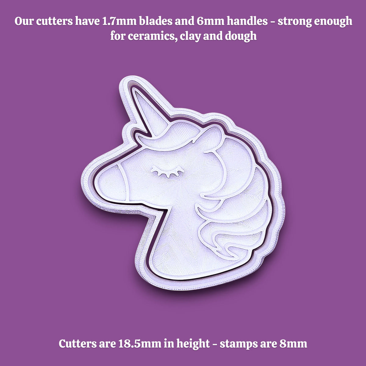 A white unicorn head cookie cutter with a silver metal outline, shown on a solid purple background with white text detailing product measurements and strength.