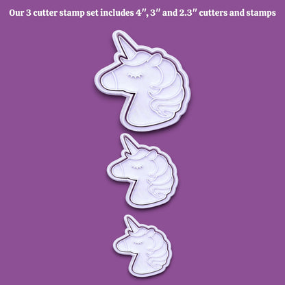Three unicorn head cutter stamps in sizes 4 inches, 3 inches, and 2.3 inches, arranged vertically on a solid purple background with white text at the top describing the set.