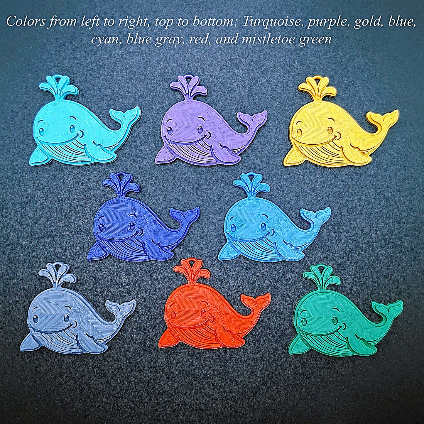 Whale keychain color selection guide featuring 8 vibrant options, eco-friendly sea animal gifts ideal for beach lovers and ocean-themed decor.